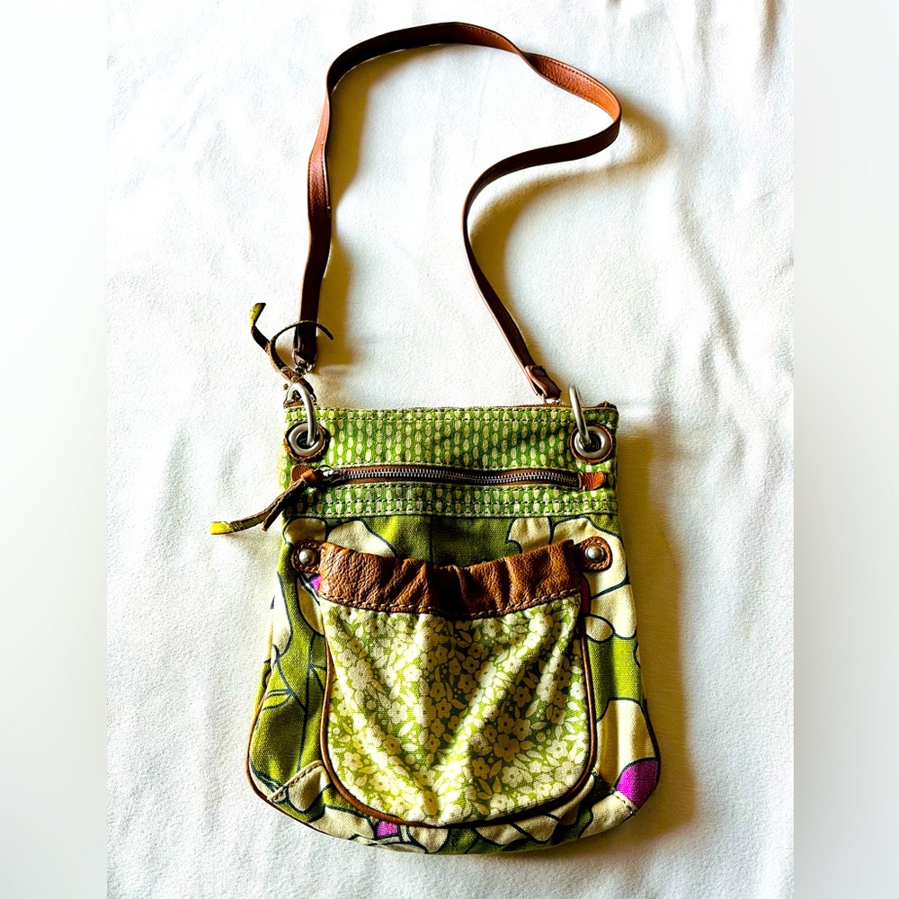Fossil Green Canvas & Brown Genuine Leather Crossbody Purse Floral